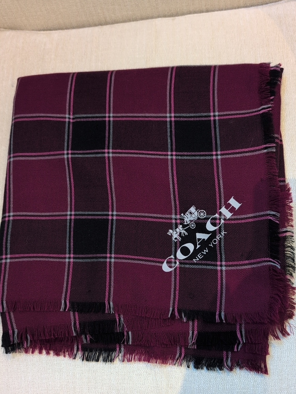 Coach Dark Burgundy Plaid Logo Blanket Scarf 100% Wool Wrap Oversized